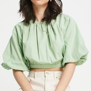 NWT Asos Pretty Lavish Top Organic Cotton 6 Medium Crop Puff Sleeve